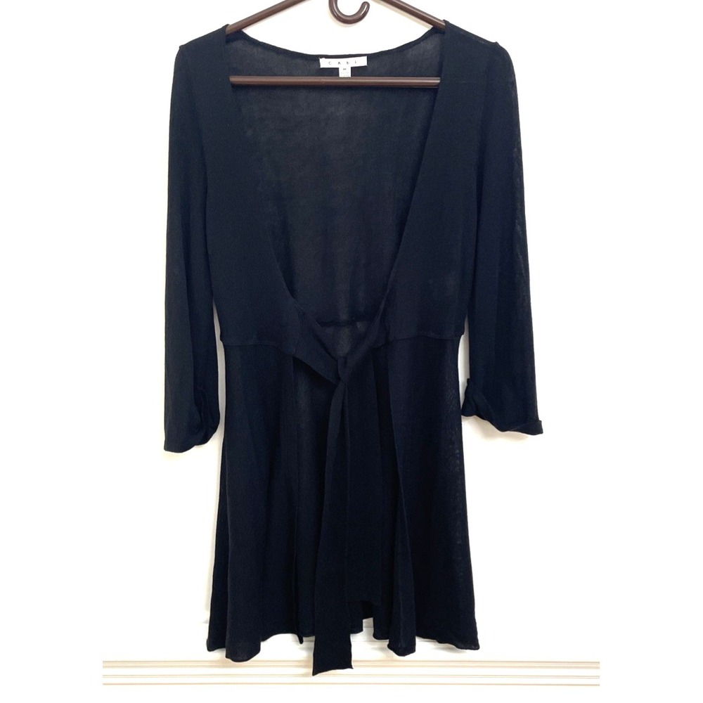 Cabi Black Cardigan Sweater Sz M Tie Front Long Line 3/4‎ Sleeve Cotton Blend